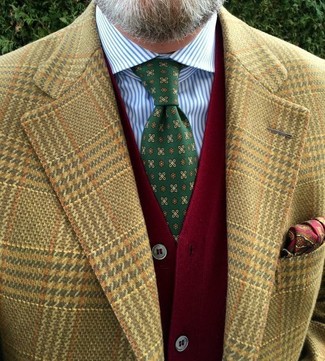 Men's Tan Houndstooth Blazer, Red Cardigan, White and Blue Vertical Striped Dress Shirt, Green Print Tie