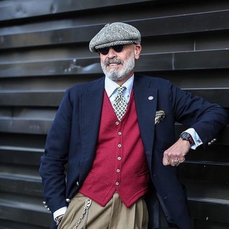 Red Cardigan Chill Weather Outfits For Men: A red cardigan and khaki dress pants are robust players in any modern gent's wardrobe.