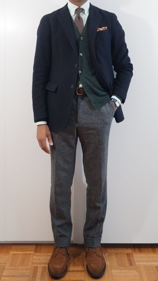Charcoal Wool Dress Pants Fall Outfits For Men: This pairing of a navy blazer and charcoal wool dress pants embodies manly sophistication. If you're wondering how to round off, a pair of brown suede derby shoes is a goofproof option. Seeing as the weather is getting chillier every day, this outfit is a nice choice for the season.