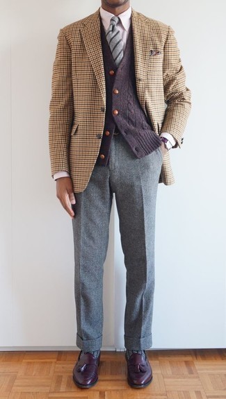 Dark Purple Cardigan Outfits For Men: You're looking at the irrefutable proof that a dark purple cardigan and grey wool dress pants look awesome when worn together in a refined outfit for today's guy. Add dark purple leather tassel loafers to the equation and the whole look will come together.
