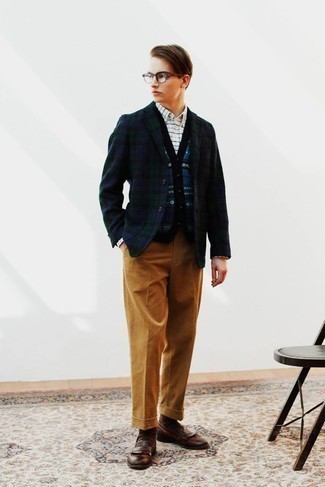 Dark Brown Fringe Leather Loafers Outfits For Men: A navy and green plaid blazer and tobacco dress pants? Make no mistake, this getup will turn every head around. A pair of dark brown fringe leather loafers will be a welcome addition for this getup.