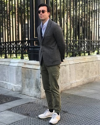 Grey Check Blazer Outfits For Men: This pairing of a grey check blazer and olive cargo pants looks pulled together and immediately makes you look on-trend. Make this getup more functional by finishing off with a pair of white athletic shoes.
