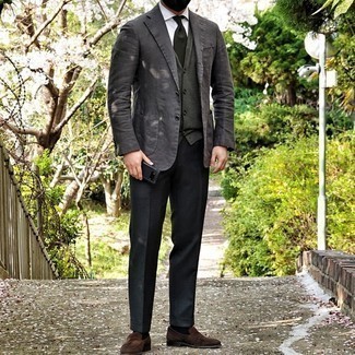 Olive Cardigan Dressy Outfits For Men: For an ensemble that's refined and envy-worthy, try teaming an olive cardigan with black dress pants. All you need is a great pair of brown suede loafers.