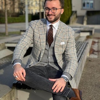 Charcoal Plaid Wool Blazer Outfits For Men: Why not try teaming a charcoal plaid wool blazer with charcoal jeans? These pieces are totally comfortable and will look awesome matched together. Feeling inventive today? Spice things up by slipping into a pair of brown suede loafers.