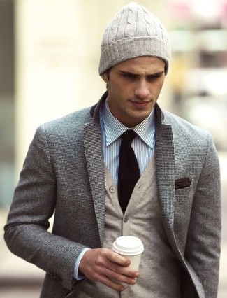 Tan Beanie Outfits For Men: Show off your chops in men's fashion by putting together a grey wool blazer and a tan beanie for a street style getup.