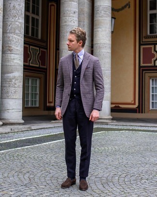 Navy Cardigan Outfits For Men: Put your dapper mode on in a navy cardigan and navy dress pants. Dark brown suede loafers are the glue that brings this getup together.