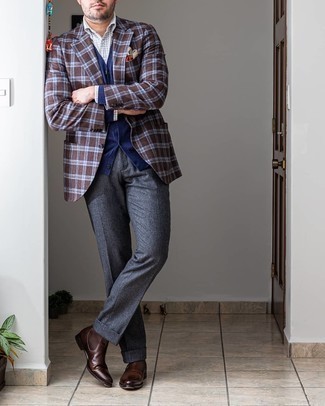 Brown Plaid Wool Blazer Outfits For Men: This outfit suggests that it pays to invest in such timeless menswear pieces as a brown plaid wool blazer and charcoal wool dress pants. A pair of dark brown leather chelsea boots rounds off this ensemble quite well.