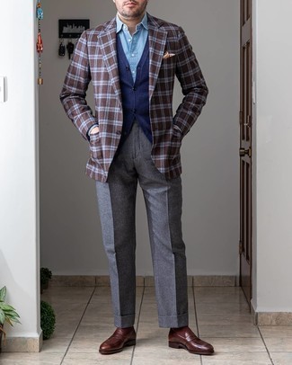 Dark Brown Plaid Blazer Outfits For Men: This sophisticated combo of a dark brown plaid blazer and grey wool dress pants will cement your outfit coordination chops. The whole look comes together if you complement this ensemble with dark brown leather loafers.