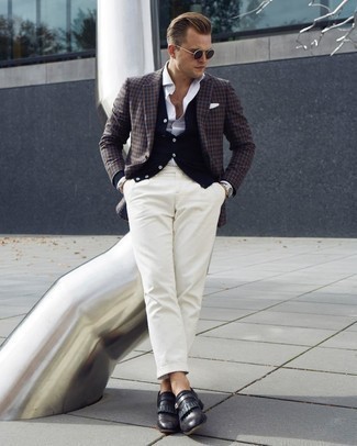 Monks Outfits: This smart casual combination of a dark brown gingham blazer and white chinos is extremely easy to pull together without a second thought, helping you look on-trend and prepared for anything without spending a ton of time going through your wardrobe. To introduce some extra zing to this look, add monks to your getup.