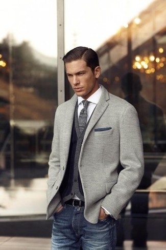 Men's Grey Knit Blazer, Charcoal Cardigan, White Long Sleeve Shirt, Navy Jeans