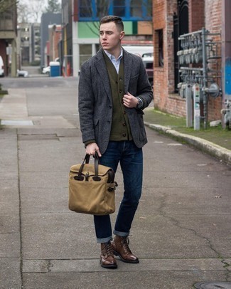 Olive Cardigan Chill Weather Outfits For Men: For something more on the casually cool end, wear an olive cardigan and navy jeans. Feeling transgressive? Change things up a bit by finishing with a pair of dark brown leather casual boots.