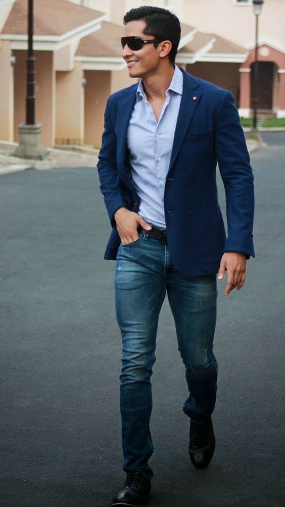 Men's Navy Blazer, Light Blue Long Sleeve Shirt, Navy Jeans, Black Leather  Oxford Shoes