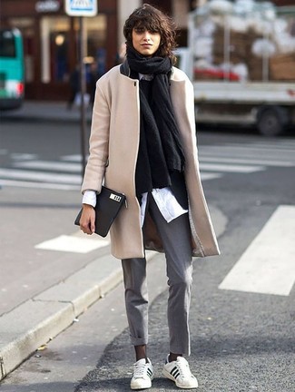 Beige Coat with Low Top Sneakers Outfits For Women: 