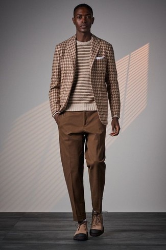 Brown Houndstooth Wool Blazer Outfits For Men: For an effortlessly neat getup, marry a brown houndstooth wool blazer with brown chinos — these pieces work really well together. Let your styling chops truly shine by completing this look with tan suede desert boots.