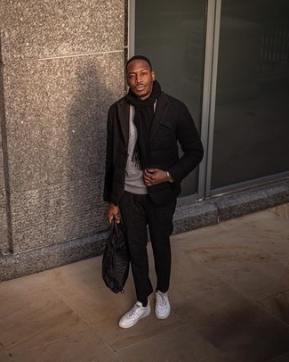 Black Scarf Outfits For Men: The go-to for a killer relaxed casual getup? A black quilted blazer with a black scarf. Finishing off with white canvas low top sneakers is a surefire way to inject an added touch of refinement into this look.