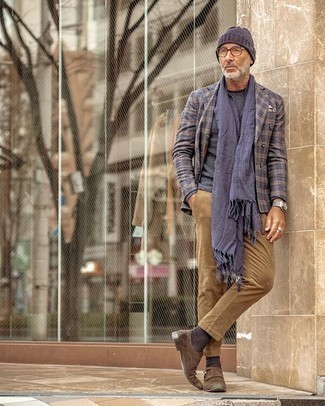 Navy Scarf Outfits For Men: Show off your skills in menswear styling by combining a navy plaid blazer and a navy scarf for an off-duty outfit. And it's amazing what brown suede double monks can do for the look.