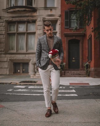 Grey Check Blazer Outfits For Men: Reach for a grey check blazer and white chinos if you wish to look sharp without trying too hard. Throw in a pair of dark brown leather brogues to effortlessly rev up the fashion factor of any ensemble.