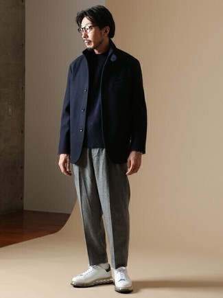 Men's Navy Wool Blazer, Navy Crew-neck Sweater, Grey Chinos, White and Black Leather Low Top Sneakers