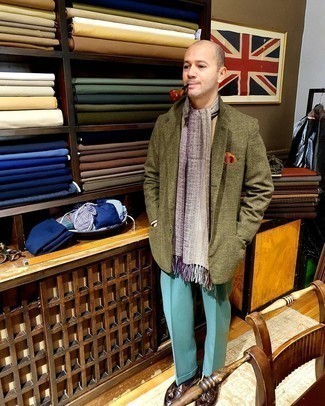 Beige Crew-neck Sweater Outfits For Men: This pairing of a beige crew-neck sweater and teal dress pants is a safe option when you need to look seriously stylish. If not sure as to the footwear, add a pair of dark brown leather tassel loafers to the mix.