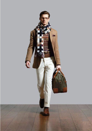 Tobacco Crew-neck Sweater Outfits For Men: Go for something refined yet contemporary in a tobacco crew-neck sweater and white dress pants. A pair of brown leather derby shoes will be a welcome complement to this outfit.