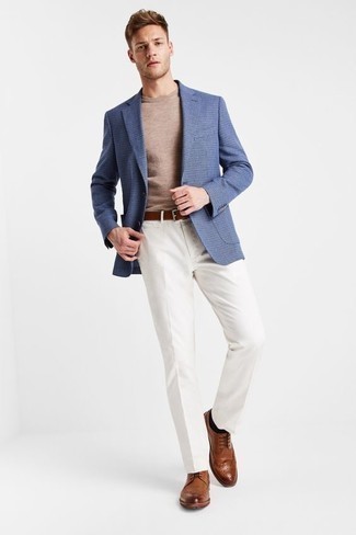 Tobacco Leather Brogues Outfits: Pairing a blue blazer with white dress pants is a wonderful option for a dapper and refined ensemble. Break up your look by finishing with a pair of tobacco leather brogues.