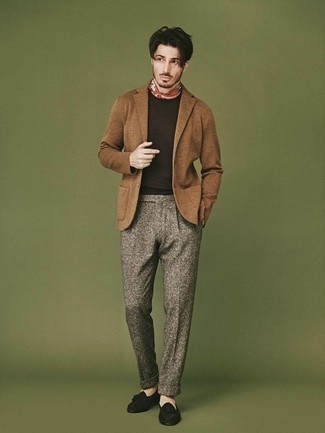 Dark Brown Crew-neck Sweater Outfits For Men: Irrefutable proof that a dark brown crew-neck sweater and brown wool dress pants look amazing if you pair them together in a classy ensemble for a modern gentleman. The whole getup comes together when you add a pair of dark brown suede tassel loafers to this outfit.