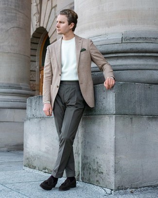 White Crew-neck Sweater Dressy Outfits For Men: For manly refinement with a modern twist, make a white crew-neck sweater and olive dress pants your outfit choice. This look is completed really well with a pair of dark brown suede tassel loafers.