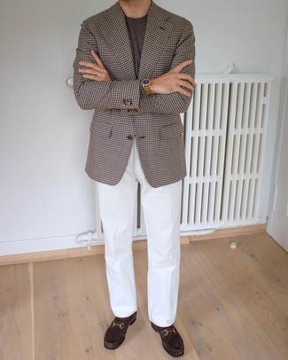 Brown Houndstooth Blazer Outfits For Men: Consider pairing a brown houndstooth blazer with white dress pants to exude class and polish. Introduce a pair of dark brown suede loafers to this look and you're all set looking amazing.