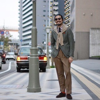 Men's Olive Blazer, Beige Crew-neck Sweater, White and Red Vertical Striped Dress Shirt, Brown Dress Pants