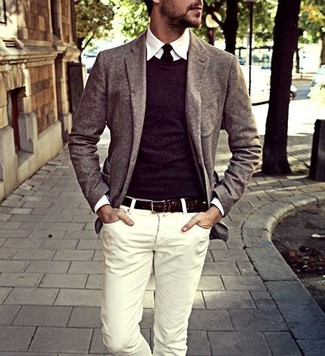 Men's Grey Wool Blazer, Violet Crew-neck Sweater, White Dress Shirt, White Chinos