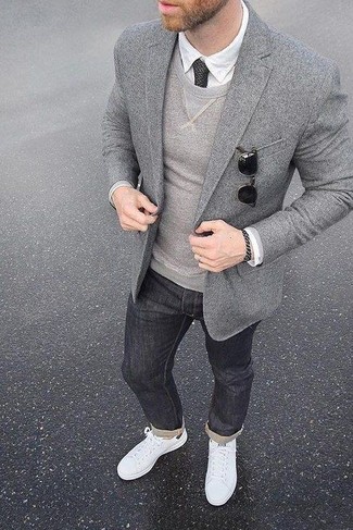 Men's Grey Wool Blazer, Grey Crew-neck Sweater, White Dress Shirt, Charcoal Jeans