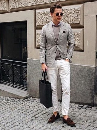 White Dress Shirt with Grey Blazer Outfits For Men: Try pairing a grey blazer with a white dress shirt for seriously smart style. Dark brown suede tassel loafers will take this outfit a dressier path.