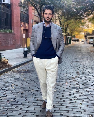 Navy Crew-neck Sweater Dressy Outfits For Men: This combo of a navy crew-neck sweater and white dress pants is the picture of sophistication. When it comes to shoes, this look pairs nicely with brown suede loafers.