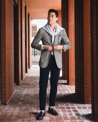 Olive Gingham Blazer Outfits For Men: This outfit suggests that it pays to invest in such elegant menswear pieces as an olive gingham blazer and black dress pants. Dark brown leather loafers will be a stylish complement for your look.
