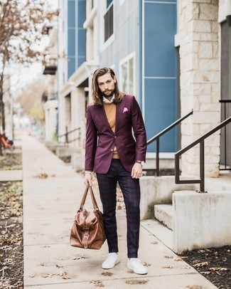 Tobacco Leather Duffle Bag Outfits For Men: This combo of a burgundy blazer and a tobacco leather duffle bag is extremely easy to create and so comfortable to wear a variation of all day long as well! Complement this ensemble with white canvas low top sneakers to completely jazz up the outfit.