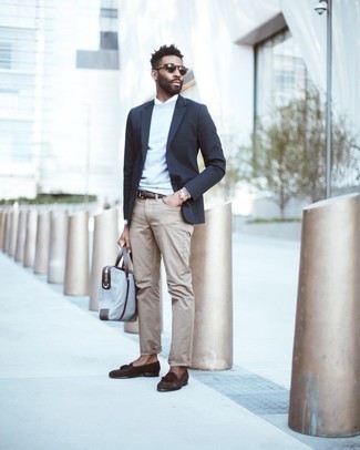 Orange Bracelet Outfits For Men: This combination of a navy blazer and an orange bracelet looks amazing and instantly makes you look cool. A trendy pair of dark brown suede tassel loafers is the most effective way to breathe an extra touch of elegance into your getup.