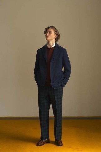 Blue Wool Blazer Outfits For Men: This combo of a blue wool blazer and dark green check chinos will prove your skills in menswear styling. Finishing with brown leather loafers is the most effective way to bring some extra fanciness to this look.