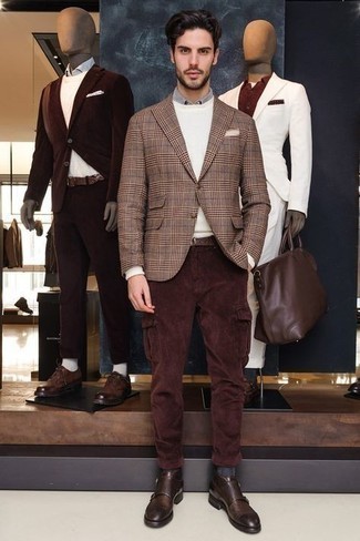 Brown Plaid Blazer Outfits For Men: Go for a casual menswear style in a brown plaid blazer and dark brown cargo pants. Get a little creative when it comes to shoes and introduce dark brown leather double monks to the mix.