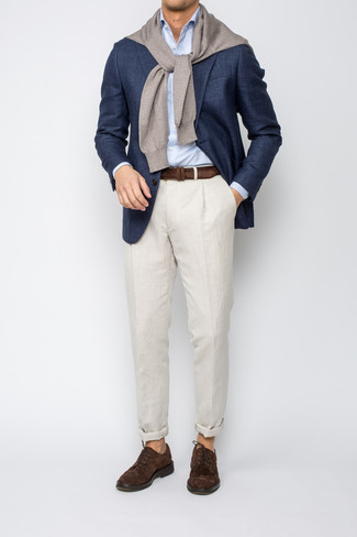 Light Blue Dress Shirt Outfits For Men: A light blue dress shirt and beige linen chinos are the kind of a no-brainer combo that you need when you have no time. Our favorite of a variety of ways to complement this ensemble is with a pair of dark brown suede brogues.