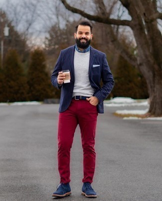 Red Jeans Outfits For Men: A navy vertical striped blazer and red jeans paired together are a good match. Our favorite of a great number of ways to complete this ensemble is with a pair of navy suede desert boots.