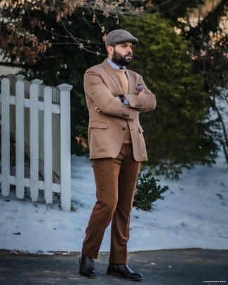 Dark Brown Dress Pants Outfits For Men: To look like a real dandy with a good deal of class, try pairing a tan plaid wool blazer with dark brown dress pants. Dark brown leather chelsea boots are a nice idea to finish your ensemble.