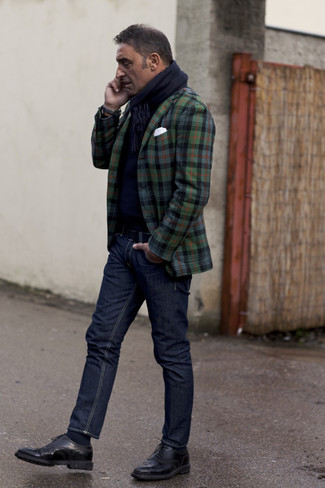Men's Dark Green Plaid Blazer, Navy Crew-neck Sweater, Navy Jeans, Black Leather Brogues