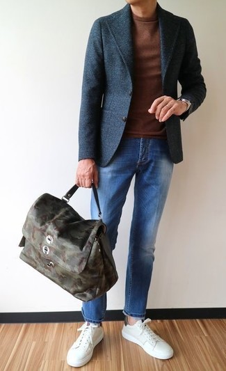 Men's Charcoal Wool Blazer, Brown Crew-neck Sweater, Blue Jeans, White Leather Low Top Sneakers
