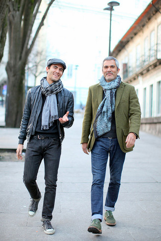 Light Blue Scarf Outfits For Men: For a look that's super straightforward but can be modified in a great deal of different ways, try pairing an olive wool blazer with a light blue scarf. For something more on the classy side to finish your getup, complement your outfit with a pair of dark green suede derby shoes.