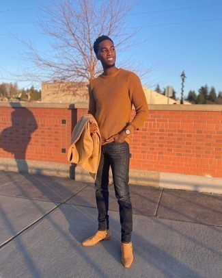 Beige Suede Chelsea Boots Outfits For Men: This semi-casual combination of a tan wool blazer and charcoal jeans takes on different nuances depending on how you style it out. Balance this outfit with a more sophisticated kind of shoes, such as these beige suede chelsea boots.