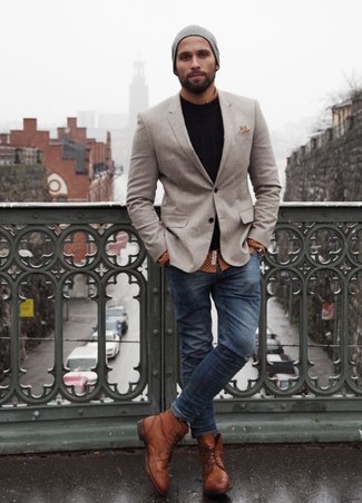 Grey Beanie Outfits For Men: Team a grey blazer with a grey beanie for equally dapper and easy-to-achieve outfit. Rounding off with a pair of brown leather casual boots is a fail-safe way to add a bit of classiness to your ensemble.