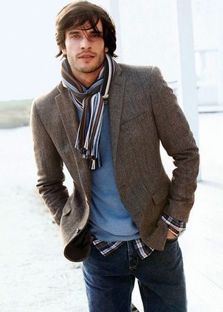 Men's Charcoal Blazer, Blue Crew-neck Sweater, Black and White Plaid Long Sleeve Shirt, Navy Jeans