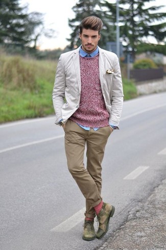 Hot Pink Socks Outfits For Men: You're looking at the hard proof that a beige blazer and hot pink socks are amazing when worn together in an edgy outfit. Shake up your ensemble with a pair of green camouflage desert boots.