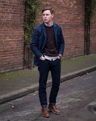 Tobacco Leather Casual Boots Smart Casual Outfits For Men: Flaunt your menswear game by pairing a navy blazer and navy jeans. Tobacco leather casual boots look wonderful complementing your ensemble.