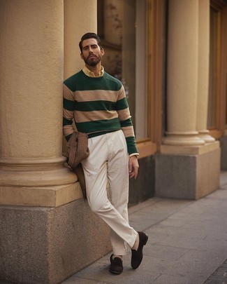 Teal Crew-neck Sweater Outfits For Men: If you enjoy a more laid-back approach to dressing up, why not try teaming a teal crew-neck sweater with white chinos? Feel somewhat uninspired with this ensemble? Enter dark brown suede loafers to jazz things up.